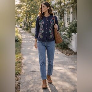 Vintage Susan Bristol Hand Embroidered Cardigan Peacock Motif Cottagecore Boho M